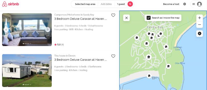 Airbnb screenshot of Devon Cliffs holiday park