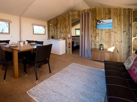 Inside safari tent at John Fowler Widemouth Bay Holiday Park