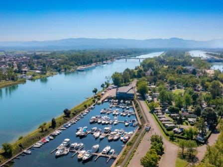 L'ile Du Rhin Campsite aerial view next to river